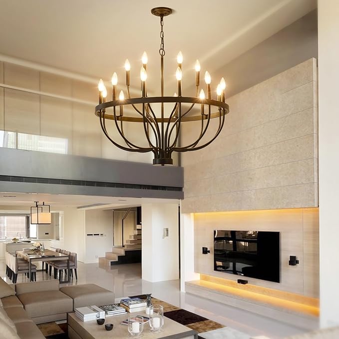Black Farmhouse Chandelier 32-Inch, 18-Light Dining Room Chandelier, Modern Industrial Candle Chandeliers for Living Room Entryway Foyer E12