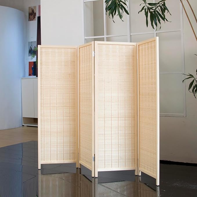 4 Panel Short Room Divider Folding Screen,47 inch Bamboo Panel Divider for Home Partition,Beige