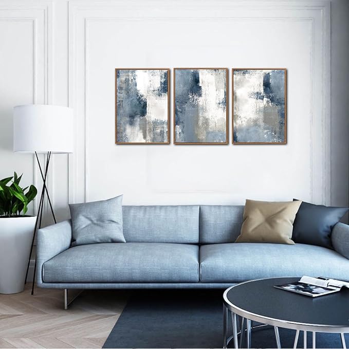 LHIUEM Large Navy Blue and Gray Framed Canvas Wall Art Set of 3(12”X16”) Modern Abstract Wall Decor Brush Strokes Block Shape Artwork Minimalist Neutral Blue Printing for Living Room Bedroom Office