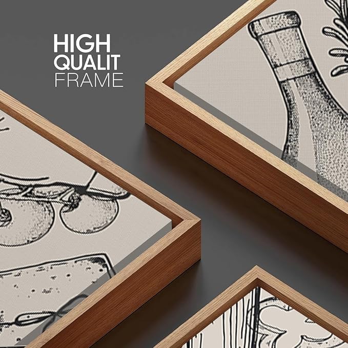 BINCUE Framed Food Wood Wall Art Set of Three Modern Cheers Kitchen Wall Decor Abstract Friends Party Art Print for Kitchen Dining Room Living Room 16x24 Inch