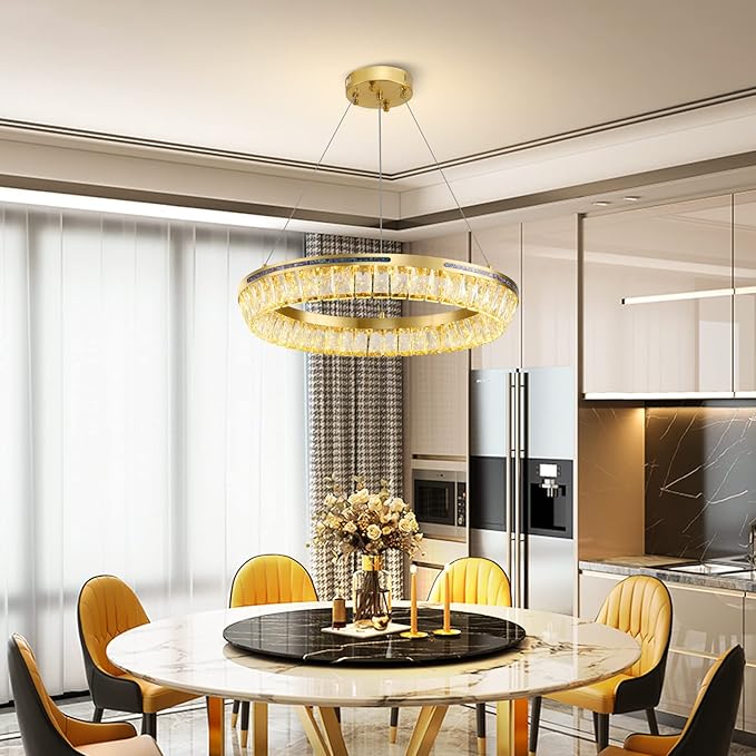 Modern LED Crystal Chandelier Brass Round Dimmable Gold Chandelier Light Fixture 3 Colors Pendant Ceiling Light for Dining Room Living Room Kitchen Island Entryway Foyer Bedroom Bathroom D22''