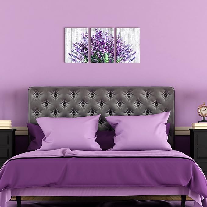 Lavender Wall Decor Purple Wall Art Rustic Farmhouse Flowers Canvas Prints Rural Floral Pictures for Bathroom Nature Botanical Paintings Artwork Dining Room Kitchen Home Decorations 16x24” 3 Pcs/Set