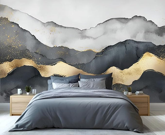 Black Gold Mural Wallpaper, Modern Fashion Marble Murals, Abstract Gradient Art Murals, Large Wallpaper for Living Room Bedroom Kids Room Home Decor Mural (Not Peel Stick)
