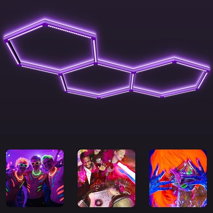 BRILLIHOOD 16 Pack LED Hexagon Blacklights, 112W, 3 Girds UV Black Light Fixture with US Plug for Neon Glow Party, Halloween, Body Paint and Art Displays in Large Space