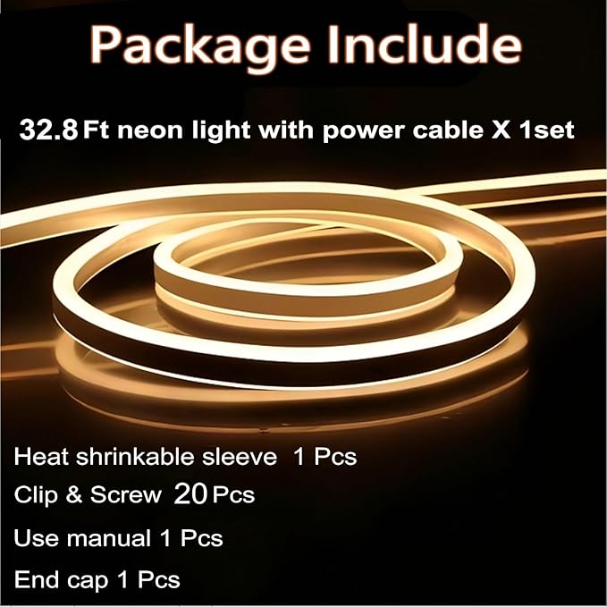 LED Neon Rope Lights 32.8FT 10M 120V AC Plug-in LED Strip Lights Connectable Waterproof Led Light Strip for Indoor/Outdoor Use, Warm White Neon Lights for Party Wedding Home Decoration ETL