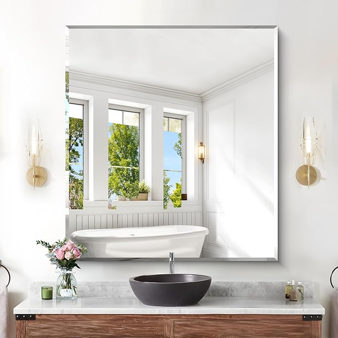 KOCUUY Beveled Mirror, 40x36 Inch Large Frameless Bathroom Mirror for Over Sink, Upgraded Shatterproof Beveled Unframed Design Mirror for Bathroom, Bedroom, Hang Horizontal/Vertical