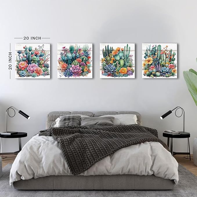 Colorful Tropical Plant Wall Art Vintage Cactus Floral Picture for Bathroom Mexican Spiny Flower Painting Canvas Prints Living Room Bedroom Boho Southwest Succulent Artwork Home Decorations 20x20" 4P