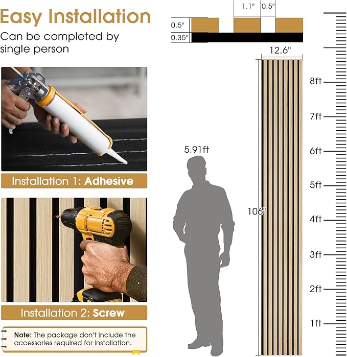 Acoustic Wood Slat Panels 4 Pack 106" x 12.6", Soundproof Wooden Wall Panels, 3D Fluted Panel for Interior Wall Decor, Living Room, Bedroom - Oak (Cover Approx. 37 sq.ft)