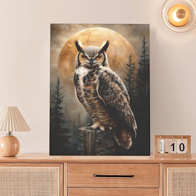 Cabin Owl Wall Art Moon and Forest Canvas Wall Decor Rustic Animal Pictures Paintings Prints Mystical Wildlife Artwork Framed Decorations For Bathroom Bedroom Living Room Office Gifts 12" x 16"