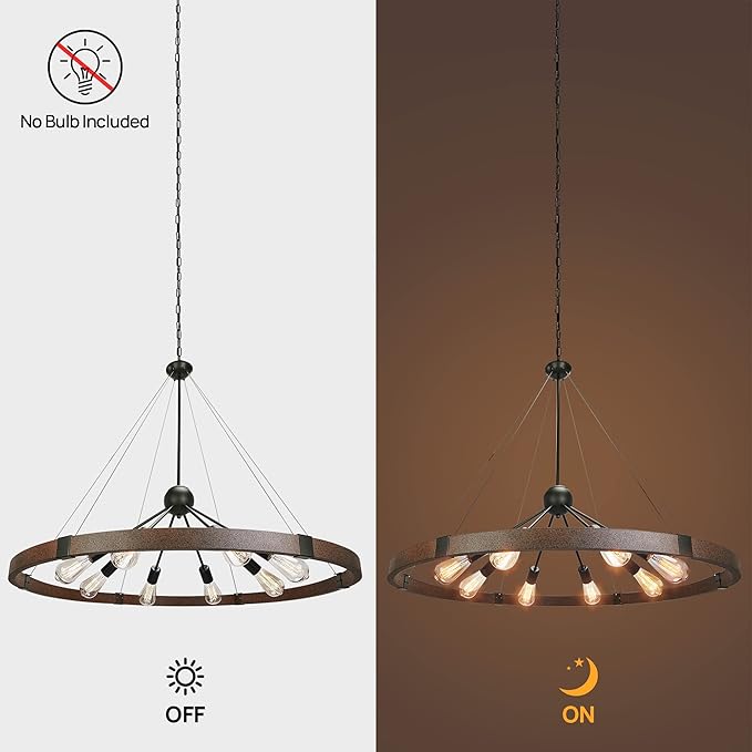 38.2'' Large Farmhouse Wagon Wheel Chandelier for Living Room, 8-Light Rustic Round Metal Light Fixtures for Dining Room Entryway Kitchen Island, Vintage Rust and Black Finishes