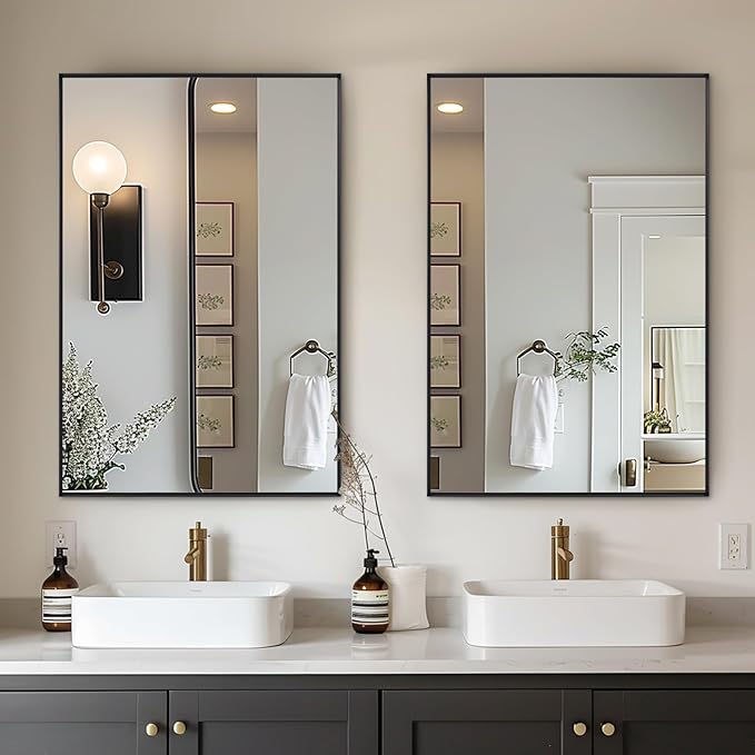 2-Pack Black Bathroom Mirrors Over Sink 30 x 48 Inch Wall Mounted Aluminum Frame Rectangle Mirror Modern Farmhouse Vanity Mirror