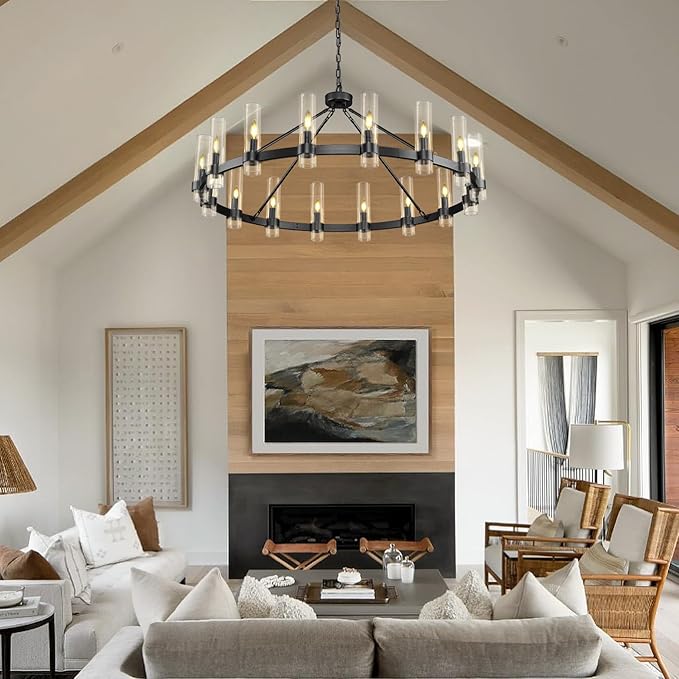 Black Wagon Wheel Chandelier, 48" Modern Chandeliers with Glass Shade, 16-Light Large Chandelier for High Ceiling, Farmhouse Chandeliers for Dining Room, Living Room, Foyer, Stairway(Bulbs Included)