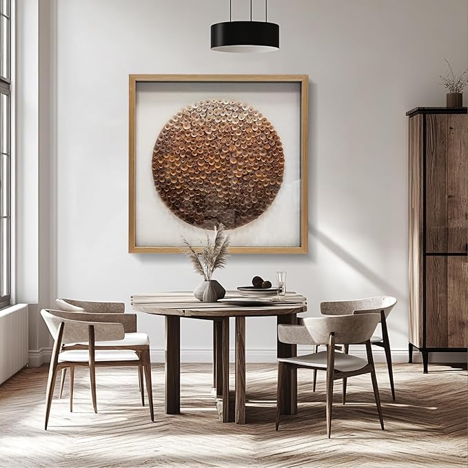 BrightA Natural Wood Paper Cylinder Wall Art Brown Gradient Color Circular Design with Earthy Tones Framed Artwork Modern Minimalist Home Decor for Living Room 59"x59"