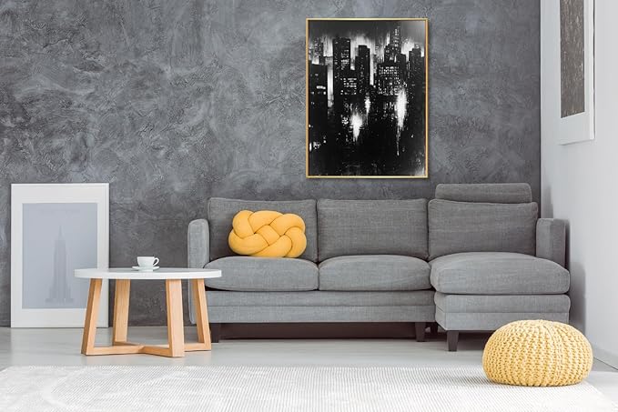 Abstract Cityscape Wall Art, Modern Urban Night Skyline Canvas Painting, Contemporary Expressionist City Decor (Gold, 29" W x 39" L / 75x100cm, Framed)