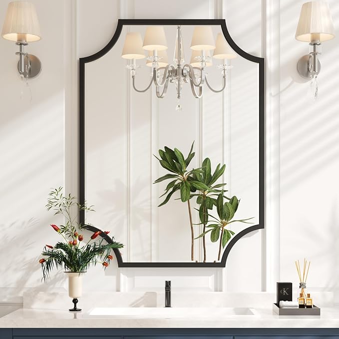 Kelly Miller 30"x40" Large Black Bathroom Mirror for Wall, Gold Scalloped Vanity Mirror Bevelled Framed Decorative Mirror for Master Bath Half Bath Entrance Hallway Fireplace Bedroom Living Room