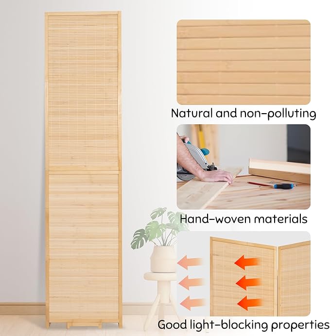 Bamboo Room Divider Folding Privacy Screens, Wall Divider for Room Separation, Portable Room Partitions and Dividers, 5.6FT Bamboo Mesh Woven Room Divider Panel (Beige, 4 Panel)