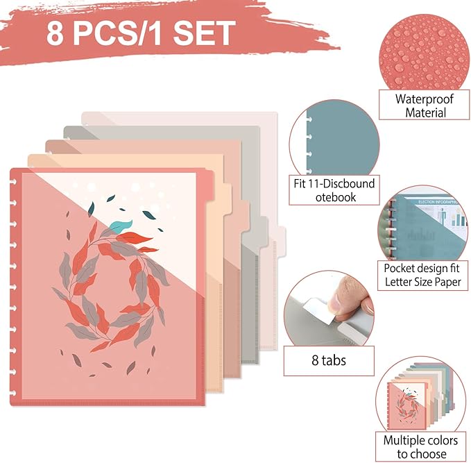 8 Pcs Discbound Pocket Dividers 8.5 x 11 Dividers with Tabs and Pockets Discbound Pocket Folders Letter Size Binder Divider Plastic Disc Planner Supplies for Business School Office(Vintage)