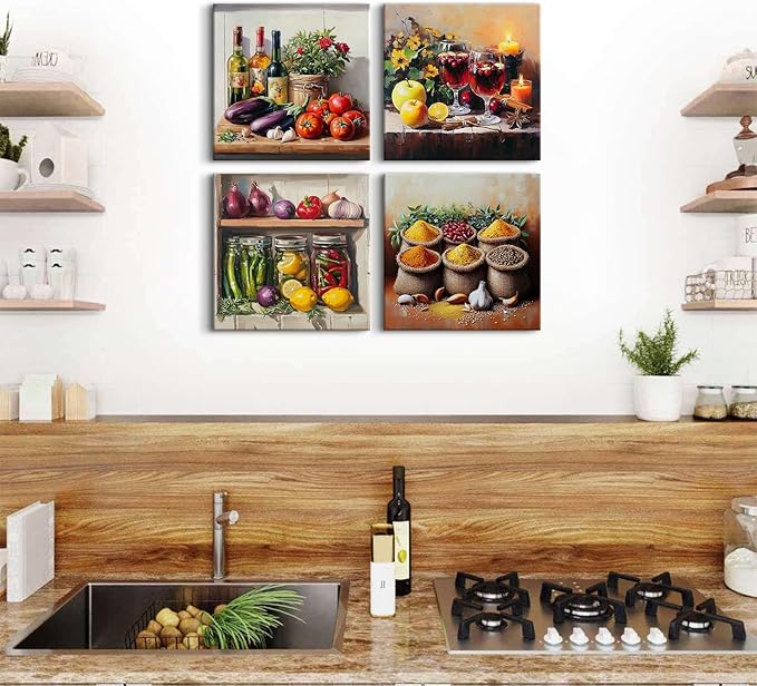 Kitchen Wall Decor Mason Jar Wall Art Spices Food Canvas Prints Kitchen Ingridients Picture Rustic Still Life Painting Vintage Healthy Vegetables Poster Artwork Dining Room Home Decoration 16x16" 4Pcs