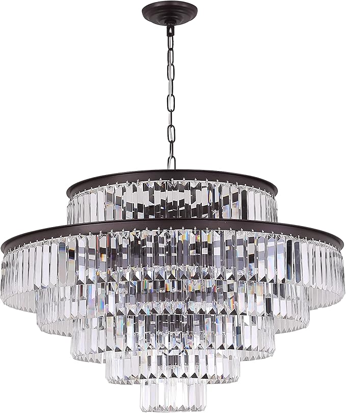 31" Black Crystal Chandelier, Modern 6-Tier Ceiling Light with Clear Crystal Prisms, Luxury Pendant Lighting for Dining Room Entryway