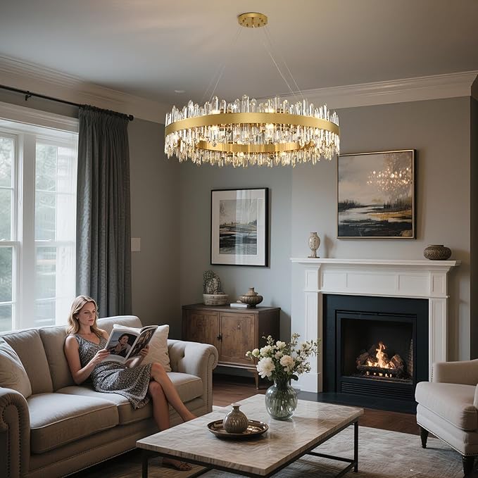 Modern Crystal Chandelier, 40" Round Gold Chandeliers for Living Room, 20-Lights 2 Tiers Luxury K9 Crystal Dining Room Chandelier Over Table, Adjustable Chandeliers for Foyer Entryway