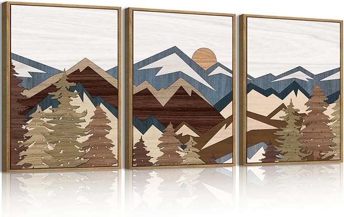 BINCUE Framed Mountain Wall Art Boho Landscape Wall Decor Mountain Artwork for Office Living Room Bedroom 12" Lx16 W Set of 3
