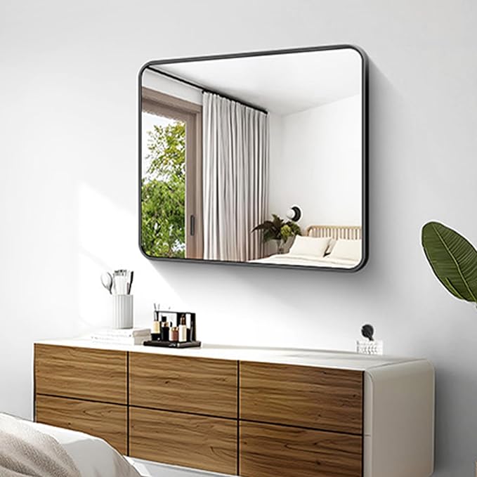 KOCUUY 30x36 Inch Rectangle Bathroom Mirror with Black Metal Frame,Modern Design of Wall Mounted Upgraded Shatterproof Glass, Rounded Corners for Bedroom, Living Room, Entryway