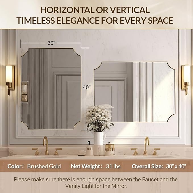 30x40 Inch Gold Scalloped Mirror, Large Bathroom Vanity Mirror with Stainless Steel Metal Frame, Anti-Rust, Shatterproof HD Glass, Unique Irregular Mirror for Bathroom, Bedroom, Living Room