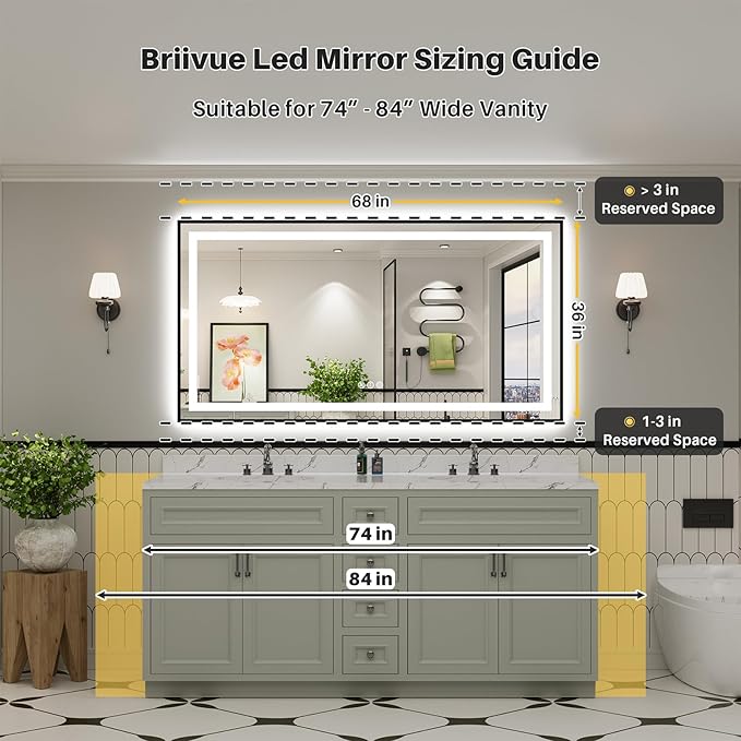 68x36 Inch LED Bathroom Mirror with Black Frame, Backlit & Front Lit, Anti-Fog Lighted Bathroom Vanity Mirror for Wall, Memory Function, Dimmable, HD Tempered Glass, Shatter-Proof