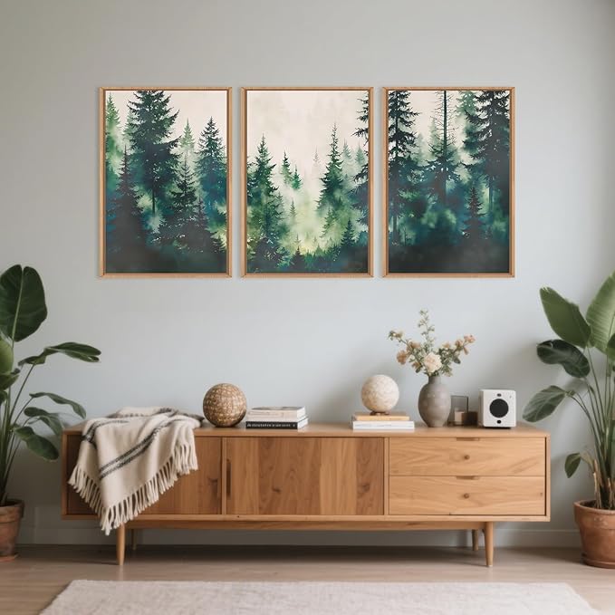 Misty Forest Landscape Framed Canvas Wall Art Set, Nature Green Pine Tree Wall Decor, Calming Greenery Boho Scenery Artwork Watercolor Modern Foggy Print for Living Room,Bedroom-16 x24 x3