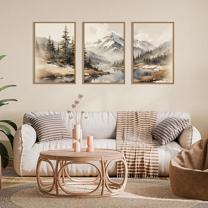 Ausril Watercolor Misty Mountain Framed Canvas Wall Art Set, Foggy Pine Tree Wall Decor, Winter Landscape Wall Painting, Nature Snowy Scene Art Print for Living Room, Bedroom, Office - 16"X24"X3