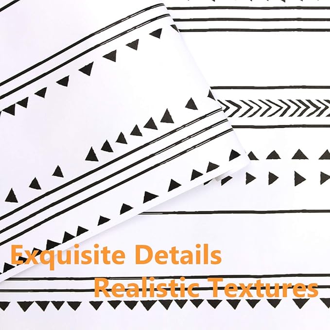 MulYeeh 17.5'' x 314'' Adhesive Peel and Stick Paper Modern Arrow Trellis Black White Wallpaper Modern Triangle Removable Wall Covering Prepasted Decorative