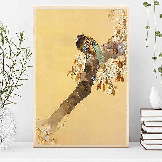 OZCONO Japanese Birds and Pine Trees Wall Art Print, Pink Sky Nature Scene, Gallery Quality Giclée Print, UV-Resistant Inks (18L x 12W)