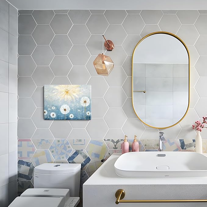 Nicetop Floral Canvas Wall Art – Blue Botanical Dandelion Picture, Inspirational Nature Art Print Wildflower Artwork for Bathroom Bedroom Office or Small Living Room, Rustic Decor16x12 Inch