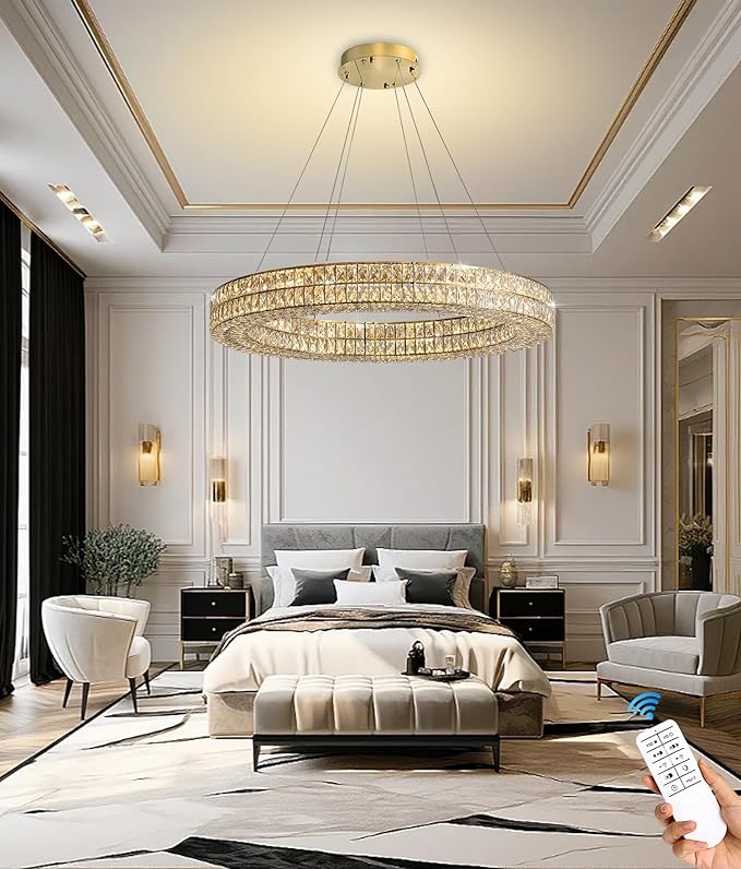 Led 32in Gold Ring Chandelier, Modern Crystal Chandelier Lighting Hanging Ring Adjustable,Round Crystal Ceiling Light Fixture for Living Room Dining Room Bedroom