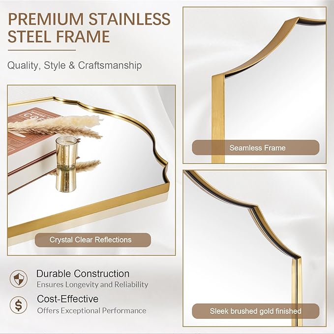 ANDY STAR Scalloped Arched Mantel Mirror, 32x28 Inch Brushed Gold Vanity Mirror in Stainless Steel Metal Frame, Vintage Wall Mirrors for Fireplace, Bedroom, Living Room, Entryway Hangs Vertically