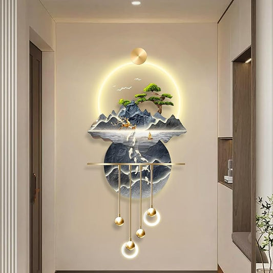 23.64x53.54IN 3D Wall Sculptures Hanging with Led Light Modern Art Deco Lighting Wall Art Decorations Lamp Wall Art Decor with Metal Ball Pendant for Friends(Blue 1)