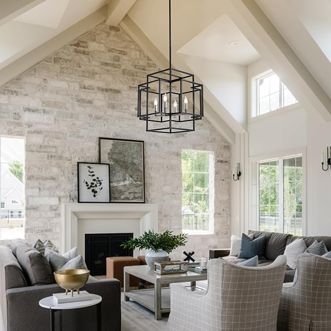 4-Light Metal Lantern Tiered Pendant Hanging Light Fixtures, Industrial Farmhouse Chandeliers for Entryway, Dinning Room Chandelier for Kitchen Island Foyer Hallway, Black & Brushed Nickel