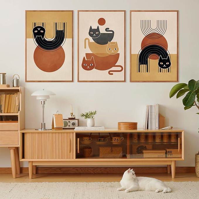 LHIUEM Boho Cat Framed Canvas Wall Art,Mid Century Animal Wall Decor,Modern Black Kitty Painting,Minimalist Orange Beige Artwork for Living Room,Bedroom,Dining Room -16"x24"x3