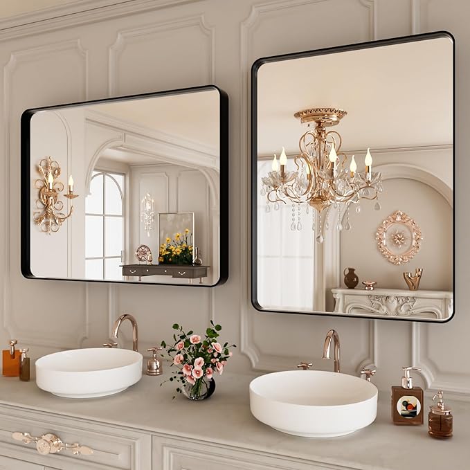 Black Metal Framed Bathroom Mirror for Wall,24X28 Rounded Rectangle Mirror, Matte Black Bathroom Vanity Mirror Farmhouse, Anti-Rust, Tempered Glass, Hangs Horizontally or Vertically
