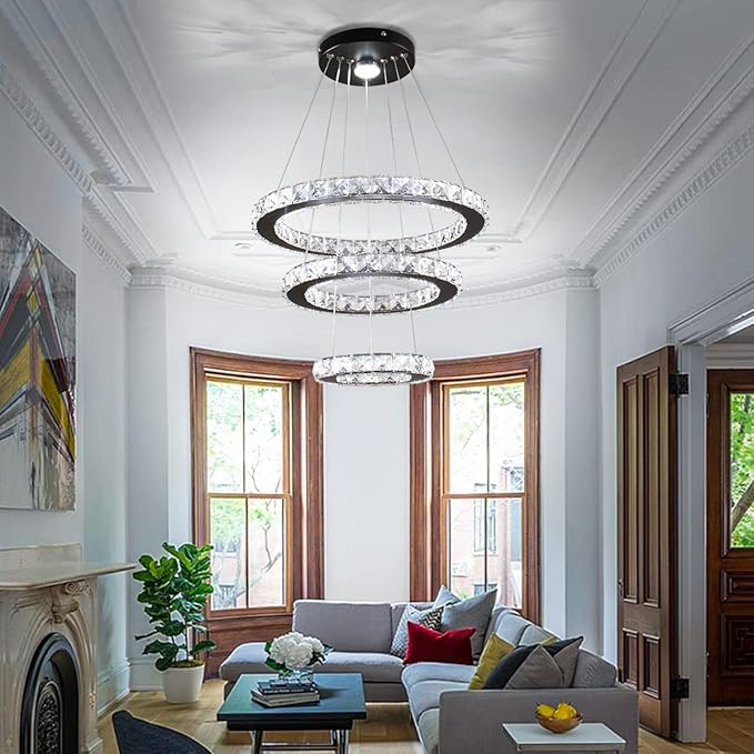Modern LED Crystal Black Chandeliers 3 Rings Pendant Light Adjustable Height Ceiling Lamp for Dinning Room Bedroom Living Room (Cool White)