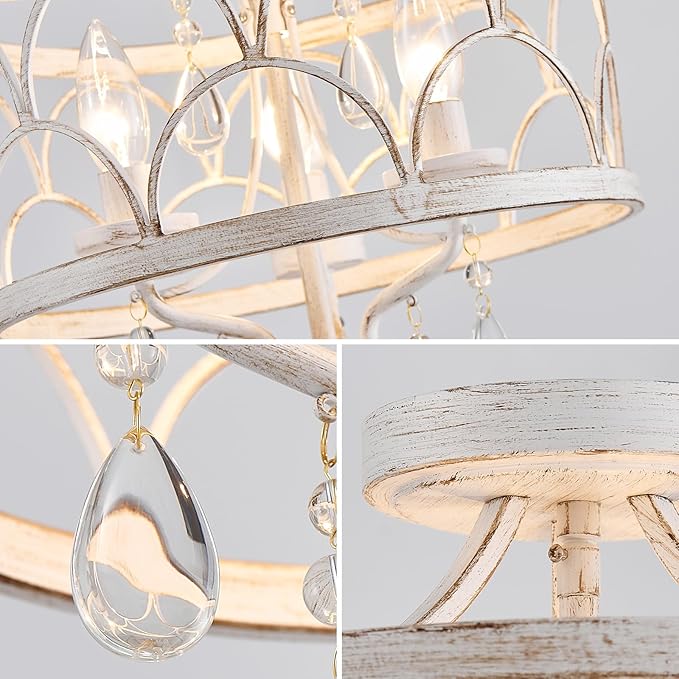 Crystal Ceiling Light Fixture, Modern Small Chandelier Light Fixture, Farmhouse White Semi Flush Mount Ceiling Light, Round Hallway Lighting Fixtures for Bedroom Entryway Dining Room Living Room