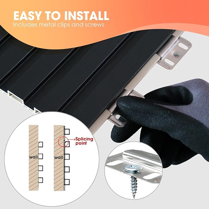 OUZUGIE WPC Acoustic Slat Wall Paneling, 8-Pack 96 x 6 Inches 3D Wall Panels for Interior Wall Decor,Living Room,TV Background,Study Room,Office Spaces,Bedroom,Low Grille (Black)