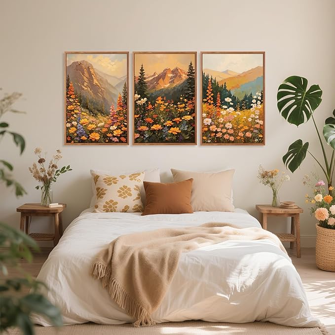 Aurlan Boho Mountain Sunset Landscape Framed Wall Art(16"x24"), 3PCS Large Wildflowers Meadow Canvas Artwork, Colorful Abstract Watercolor Nature Forest Scenery Decor for Home Office Bedroom