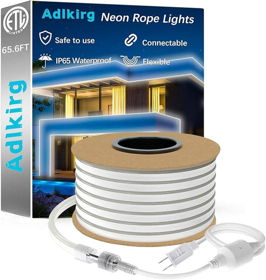 65.6ft Neon Rope Lights - Outdoor Waterproof, Dimmable Rope LED Lights (6000K Daylight White), Expandable & Cuttable Strip Lighting, ETL Listed 120V for Pation, Garden, Bar, Commercial Signage