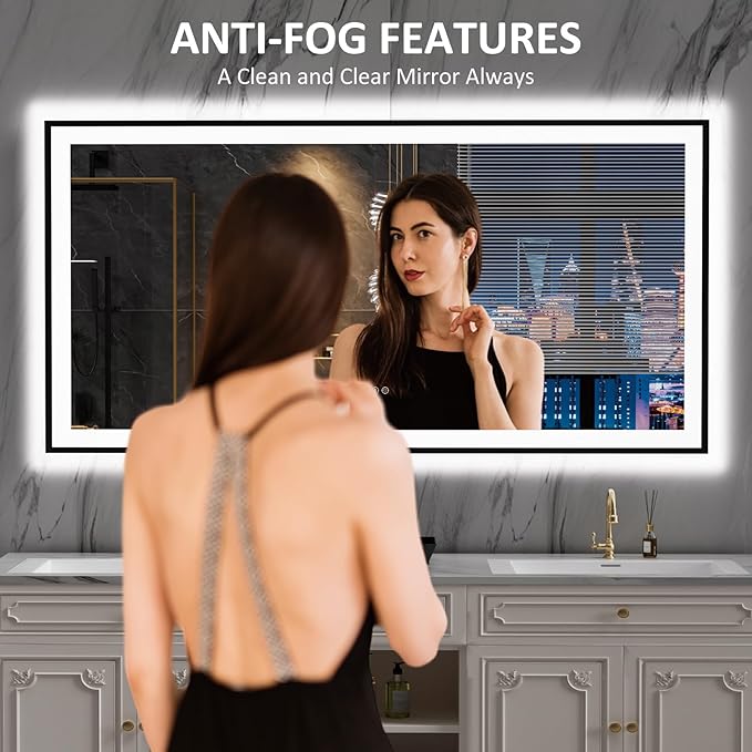 LOAAO 72"X36" LED Bathroom Mirror Black Framed, Anti-Fog, Dimmable, Lighted Bathroom Vanity Mirror for Wall, Memory Function, Tempered Glass