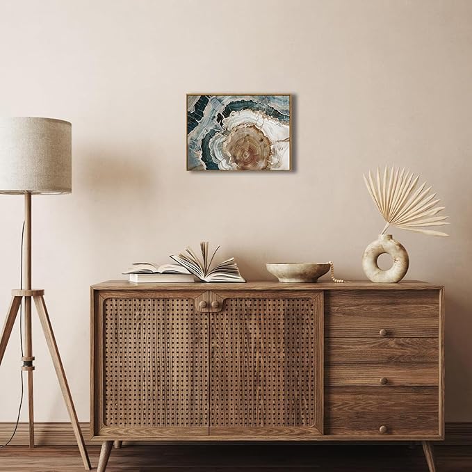 BingruiArt Framed Tree Ring Canvas Wall Art Abstract Wood Wall Decor Boho Modern Colorful Nature Painting Wood Stump Prints Pictures for Living Room Bedroom Bathroom Office 12"x16" Natural Framed(06)