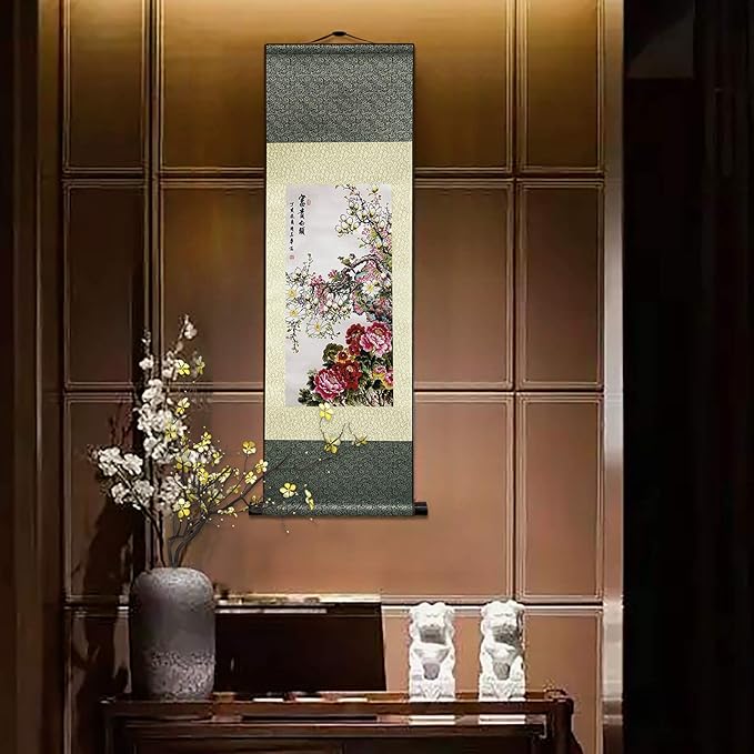 AtfArt Asian Wall Decor Beautiful Silk Scroll Painting Flowers - Rich and noble - Rich White Head Oriental Decor Chinese Art Wall Scroll Wall Hanging Painting Scroll (36.2x 12 in)