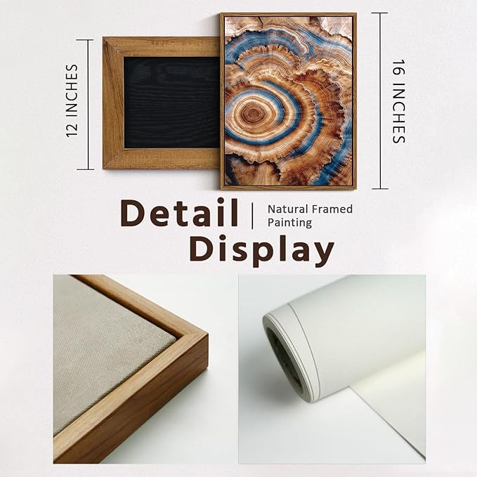 BingruiArt Framed Tree Ring Canvas Wall Art Abstract Wood Wall Decor Boho Modern Colorful Nature Painting Wood Stump Prints Pictures for Living Room Bedroom Bathroom Office 12"x16" Natural Framed(10)