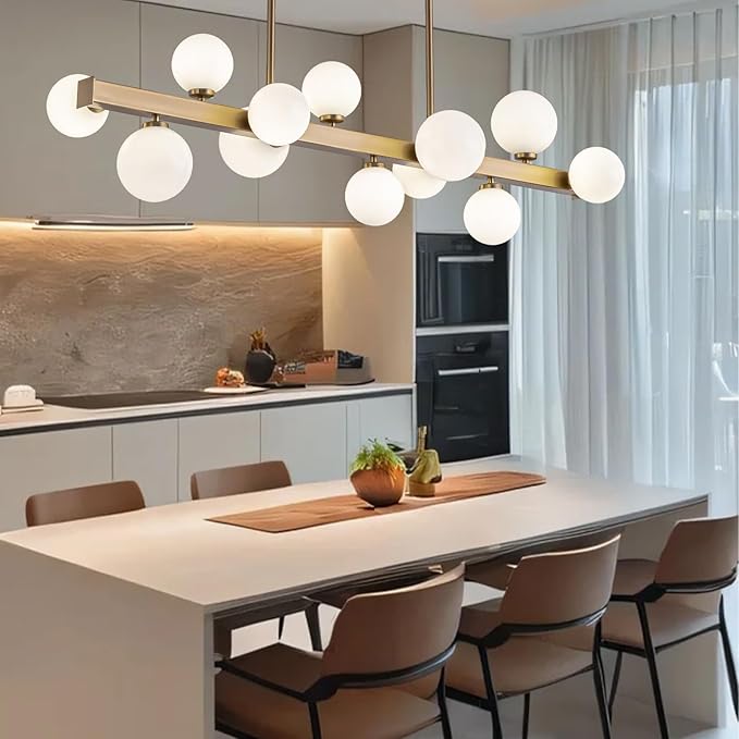 12 Lights Modern Gold Chandelier, L43.3 Linear Frosted Glass Globe Pendant Light, Mid Century Hanging Lighting Fixture for Kitchen Island, Dining Room, Living Room