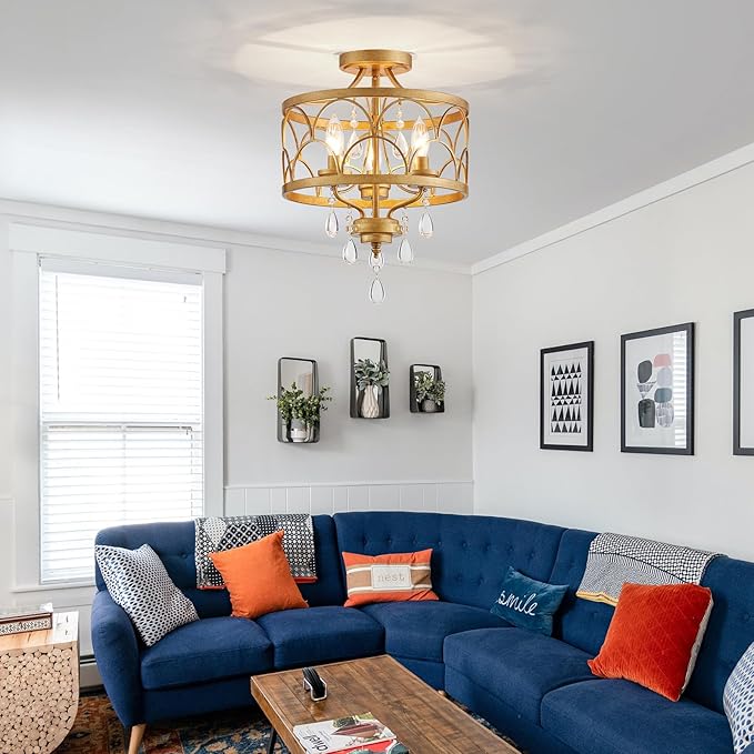 Crystal Ceiling Light Fixture, Modern Small Chandelier Light Fixture, Farmhouse Gold Semi Flush Mount Ceiling Light, Round Hallway Lighting Fixtures for Bedroom Entryway Closet Dining Room Living Room